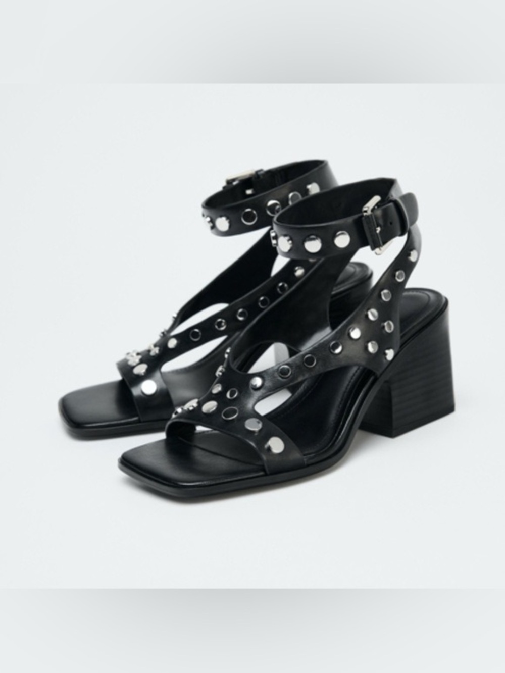 Zara Black Studded Block-Heel Ankle-Strap Sandals